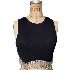 Black Ribbed Crop Top with Rhinestone Fringe Size S